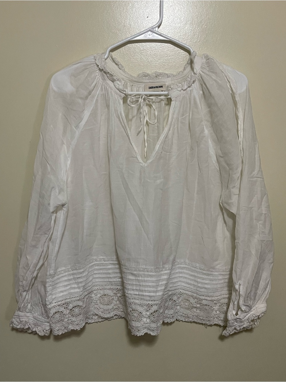 Zadig & Voltaire White Boho Lace-Trim Peasant Blouse